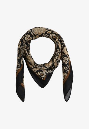 Bufanda negra con un patrón floral en beige y marrón. Hecha de un tejido ligero con un diseño triangular. Los bordes están bien acabados.