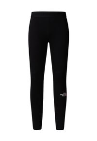 Svarta leggings tillverkade av elastiskt tyg, med hög midja och en liten vit logotyp på vänster vad. Slät textur genom hela plagget.