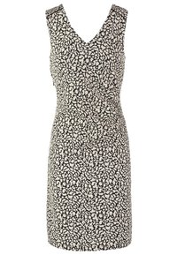 Robe sans manches longueur genou avec motif tacheté abstrait noir et blanc et encolure en V.