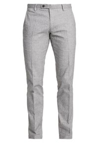 Světlé šedé slim-fit kostkované kalhoty s předním skladem a zapínáním na knoflík, vyrobené z texturované látky.