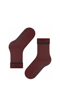 Zwei burgunderfarbene Socken flach ausgelegt, mit einem rutschfesten Punktmuster auf den Sohlen und kontrastierenden schwarzen Bändern am oberen Rand.