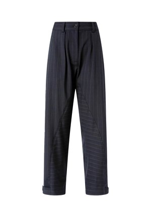 Pantaloni navy a righe sottili con vestibilità comoda. Presentano pieghe marcate, due tasche laterali e un orlo risvoltato per una finitura pulita.