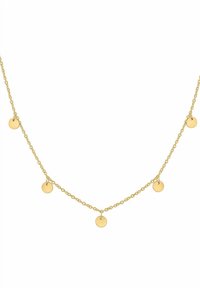 Collar tono dorado con un diseño de cadena que presenta cinco colgantes circulares distribuidos de manera uniforme. Cada colgante tiene una superficie lisa y reflectante.