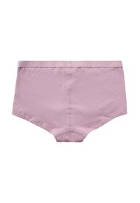 Culotte hipster en coton rose avec une large ceinture élastique, présentant une texture lisse sans motifs visibles ni détails métalliques.
