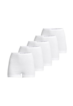 Vijf paar witte katoenen boyshorts met een gladde textuur, een middelhoge tailleband en een naadloos ontwerp.
