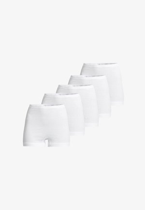 Fem par hvide bomulds boyshorts med en glat tekstur, mid-rise talje og et sømløst design.