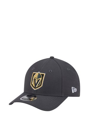 Black New Era cap with curved brim, featuring a gold and white knight helmet emblem on front and brand logo on side.