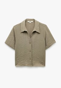Kortærmet skjorte med krave i olivengrøn med en krøllet tekstur; har knaplukning foran og et afslappet, cropped design.