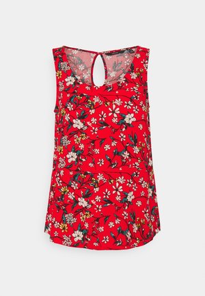 Rode mouwloze blouse met een bloemenpatroon in wit, geel en donkergroen en een kleine keyhole uitsparing bij de achterkant van de halslijn.