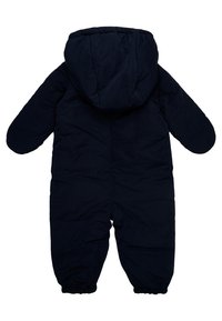 Námořnický modrý zateplený jedno-dílný sněhulek s kapucí, dlouhými rukávy a elastickými manžetami kolem zápěstí a kotníků. Měkká, textilní struktura.