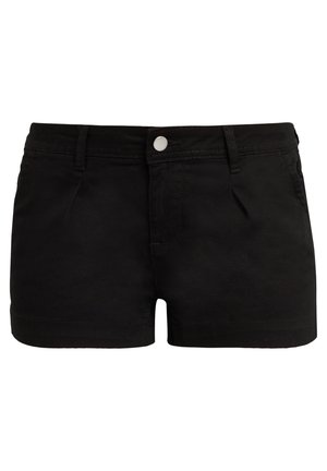 Mustad mustadest denimist lühikesed püksid, mis on klassikalise lõikega, lühikese sääre pikkusega, ees olevate taskutega ja ühe nööbiga kinnitusega, millel on puhas ja sile tekstuur.