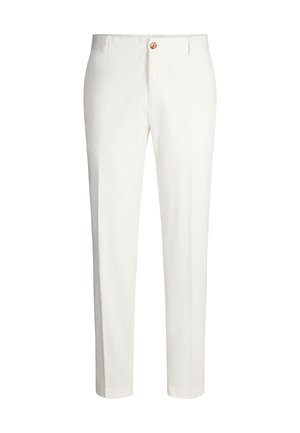 Witte broek gemaakt van lichtgewicht stof, met een rechte pijp, een enkele knoop aan de voorkant en zijzakken. Overal een gladde textuur.