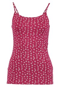 Débardeur fuchsia à bretelles spaghetti avec un motif de cerises blanches, style ajusté, et une petite étiquette ronde en métal près de l'ourlet.