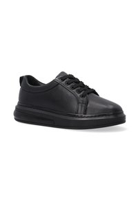 Schwarze Ledersneaker mit runder Zehenpartie, Schnürung, gepolstertem Kragen und einer strukturierten Gummisohle. Minimalistisches Design mit dezenten Nähten.