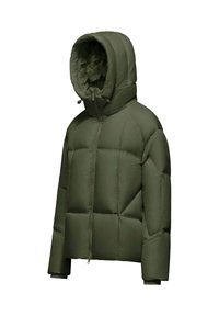 Giacca a vento verde con cappuccio, caratterizzata da un design trapuntato, chiusura con zip e polsini elasticizzati. Realizzata in materiale liscio e resistente all'acqua.