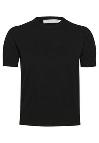 Maglione nero a maniche corte con scollatura a girocollo, realizzato in un tessuto morbido, con vestibilità dritta, texture liscia e design minimalista senza decorazioni visibili.
