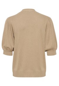 Beige stickad pullover med ett strukturerat mönster, korta puffärmar och ribbade muddar. Enkel stickning med en strukturerad krage och fåll.
