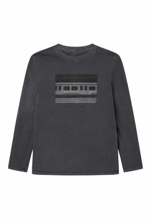 Mørkegrå langærmet skjorte med grafik af et undergrundstog på en perron på brystet.