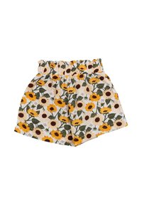 Floral shorts with a white background, featuring yellow and brown sunflowers and green leaves. Elastic waistband, lightweight cotton material.
