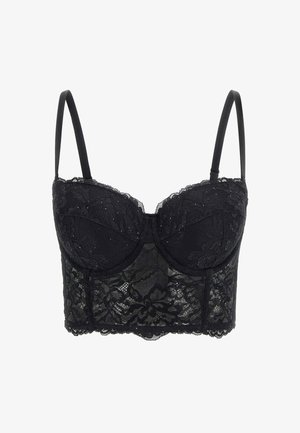 Schwarzer Spitzen-Bralette mit Unterbügel und dekorativen floralen Mustern. Verstellbare Träger, gewellte Kanten und eine durchsichtige Textur.