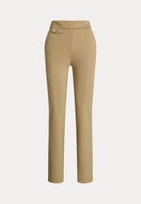 Beige γυναικεία παντελόνια slim-fit με ψηλή μέση, δύο κουμπιά στο πλάι και μια μικρή πεφταστή τσέπη με κουμπί κοντά στη μέση.