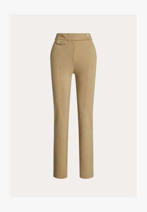 Béžové dámské kalhoty slim-fit s vysokým pasem, se dvěma knoflíky po stranách a malou kapsičkou s knoflíkem blízko pasu.