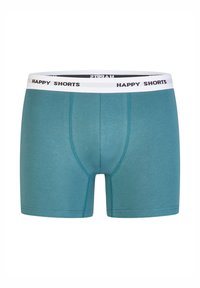 Szmaragdowo-zielone bokserki wykonane z miękkiego materiału, z białym elastycznym paskiem w talii, na którym w czarnym kolorze znajduje się napis "HAPPY SHORTS"; posiadają płaskie szwy i dopasowany krój.