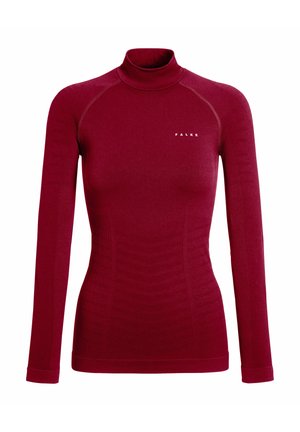 Bordeauxfarbenes, langärmliges Rollkragenoberteil aus weichem Material mit kontrastierenden Nahtdetails und gerippter Textur an den Seiten. Mit Markenlogo versehen.