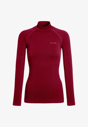 Bordeauxfarbenes, langärmliges Rollkragenoberteil aus weichem Material mit kontrastierenden Nahtdetails und gerippter Textur an den Seiten. Mit Markenlogo versehen.