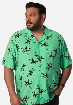 Koszula z krótkim rękawem, zapinana na guziki, w jasnoszarym kolorze z czarnymi wzorami palm. Wyraźny design kołnierzyka i gładka tekstura.
