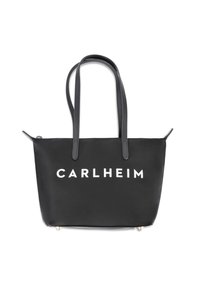 Czarna torba na ramię z gładkiego materiału, wyposażona w dwa paski na ramię oraz wyraźne białe logo „CARLHEIM” na przodzie. Delikatne złote akcenty u podstawy.