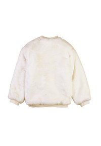 Giacca in pelliccia sintetica color crema con una consistenza morbida, scollo rotondo, polsini e orlo elasticizzati; presenta una vestibilità comoda e nessun hardware visibile.