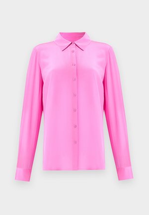 Pink satin long-sleeve shirt featuring a collar, button front, and smooth texture. Simple design with tailored fit and no visible patterns.
