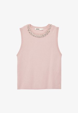 Helles rosa ärmelloses Top aus Baumwolle mit einem Kragen aus silbernen Perlen und einem gerippten Halsausschnitt. Glatte Textur, einfaches Design.