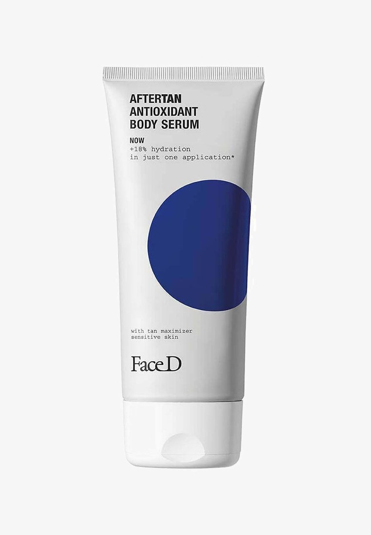 White tube with a blue circle, labeled "Aftertan Antioxidant Body Serum." Features modern design, text in black, and a white flip cap.