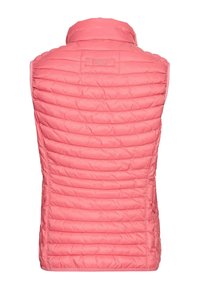 Rosa Weste mit hohem Kragen, mit gestepptem Futter und seitlichen Nähten. Glatte Textur mit passgenauer Form, ohne sichtbare Beschläge.