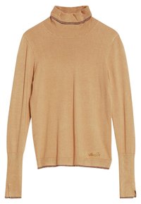 Pull à col roulé beige en tissu tricoté doux. Présente des manches longues et une bordure texturée subtile le long du col et des poignets.