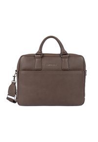 Braune Leder-Laptoptasche mit strukturierten Oberflächen, doppelten oberen Griffen, abnehmbarem Schultergurt und einem Logo-Detail an der Vorderseite.