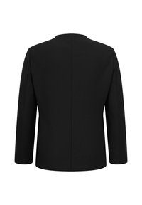 Blazer noir ajusté vu de dos, avec manches longues et une couture verticale centrale, sur fond blanc.