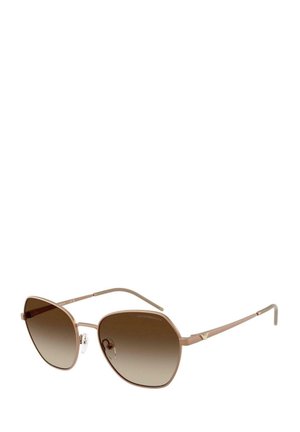 Gafas de sol de oro rosa con montura octagonal, lentes marrones degradados y varillas metálicas delgadas. Incluye almohadillas nasales para mayor comodidad y detalles de la marca.