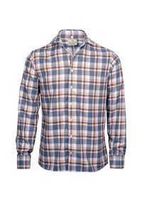 Niebieska i biała koszula w kratę z pomarańczowymi akcentami, długie rękawy, zapięcie na guziki z przodu oraz klasyczny kołnierzyk, wykonana z lekkiego materiału.