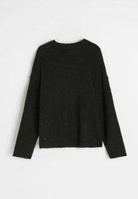 Czarny dziany sweter z okrągłym dekoltem, długimi rękawami i luźnym krojem. Posiada miękką teksturę oraz subtelne plamki w całej powierzchni.