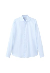 Svetlo modra srajca z dolgimi rokavi iz gladkega blaga, z ostrim ovratnikom, gumbi spredaj in zapenjanjem na gumbe na manšetah.
