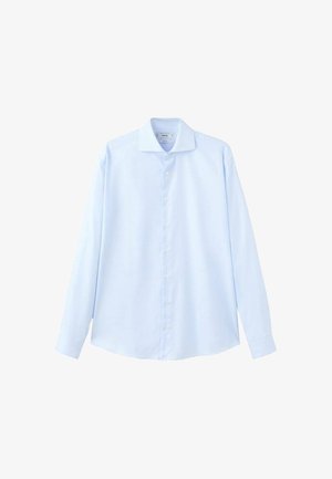 Vaaleansininen, pitkähihainen paita, joka on valmistettu sileästä kankaasta ja jossa on terävä kaulus, napitettu edusta ja napilliset kalvosimet.