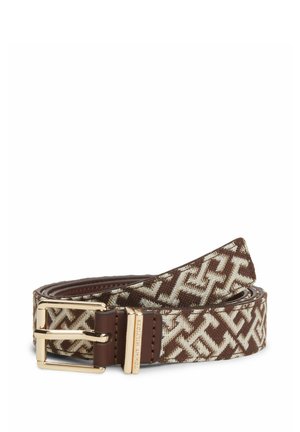 Cintura in tessuto marrone e beige con motivo, fibbia in tono dorato e "Tommy Hilfiger" inciso sul passante in pelle.