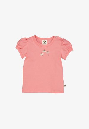 Roze T-shirt met korte mouwen heeft bolle mouwen, een ronde halslijn en drie bloemenborduurontwerpen. Gemaakt van zachte katoen.