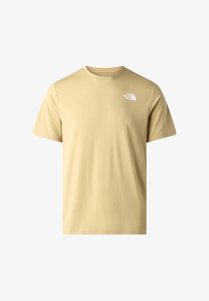 Kurzärmeliges T-Shirt aus hellgelber Baumwolle mit rundem Ausschnitt und kleinem weißem Logo auf der linken Brust. Glatte Textur und reguläre Passform.