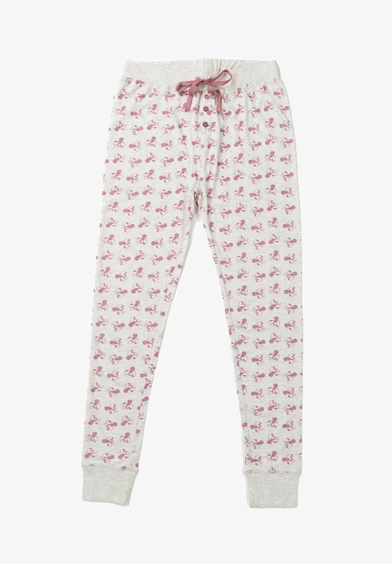 Pantaloni da pigiama grigio chiaro con un motivo floreale rosa ripetuto, dotati di una vita elasticizzata con coulisse e polsini aderenti.