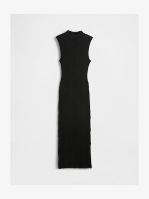 Black ribbed knit sleeveless maxi dress with a high collar, form-fitting shape, and straight silhouette. Textured fabric with minimal detail.