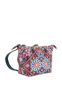 Borsa a tracolla multicolore con ricami floreali in tonalità di blu, rosa e viola. Presenta un tessuto resistente, una tracolla regolabile e accessori decorativi.